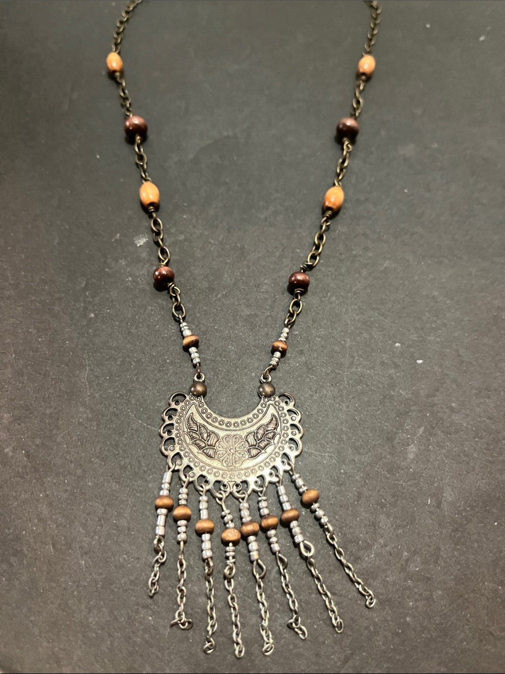 Bohemian Filigree Fringe Pendant Necklace in Bronze and Brown